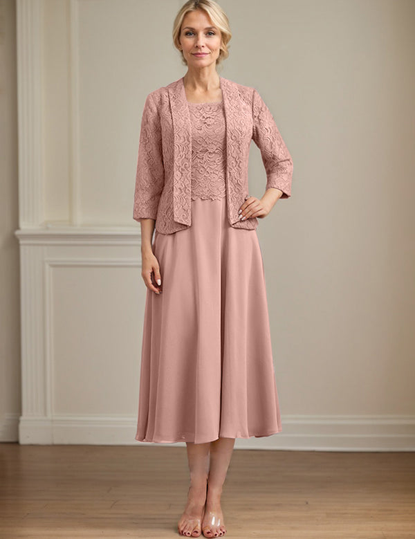 A-line Scoop Tea-Length Lace Chiffon Mother of the Bride Dress