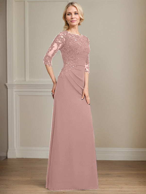 A-line Scoop Floor-Length Chiffon Lace Mother of the Bride Dress With Beading Pleated Sequins