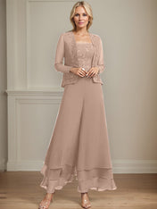 Separates Jumpsuit/Pantsuit Square Ankle-Length Lace Chiffon Mother of the Bride Dress With Sequins