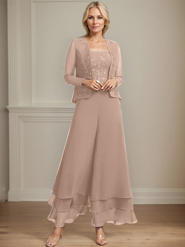 Robe de mère de la mariée en mousseline de soie, longueur cheville, avec sequins, combinaison/tailleur carré 