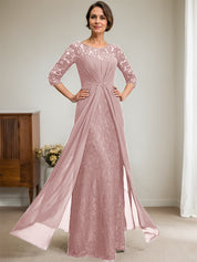 Robe de mère de la mariée trapèze en mousseline de soie et dentelle, longueur au sol, avec décolleté en V et volants perlés 