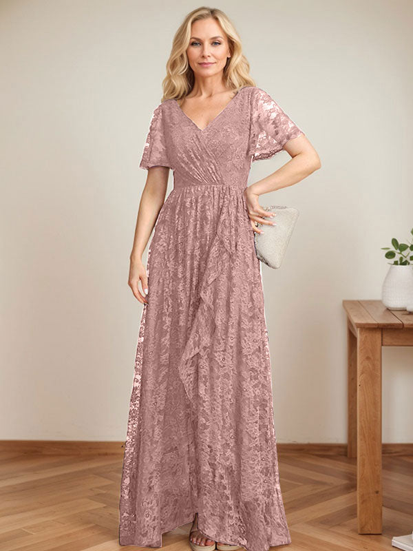 A-Line V-Neck Asymmetrical Lace Mother of the Bride Dress With Cascading Ruffles