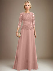 A-line Scoop Illusion Floor-Length Chiffon Lace Mother of the Bride Dress With Pleated Sequins Beading