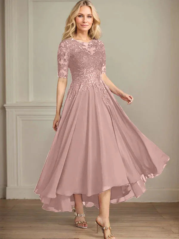 Robe de mère de la mariée asymétrique en mousseline de soie et dentelle, coupe trapèze, décolleté en V, illusion, avec paillettes 