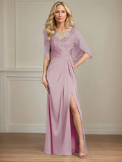 Sheath/Column Satin Scoop Neck Cap Sleeves Floor Length Mother Of The Bride Dresses