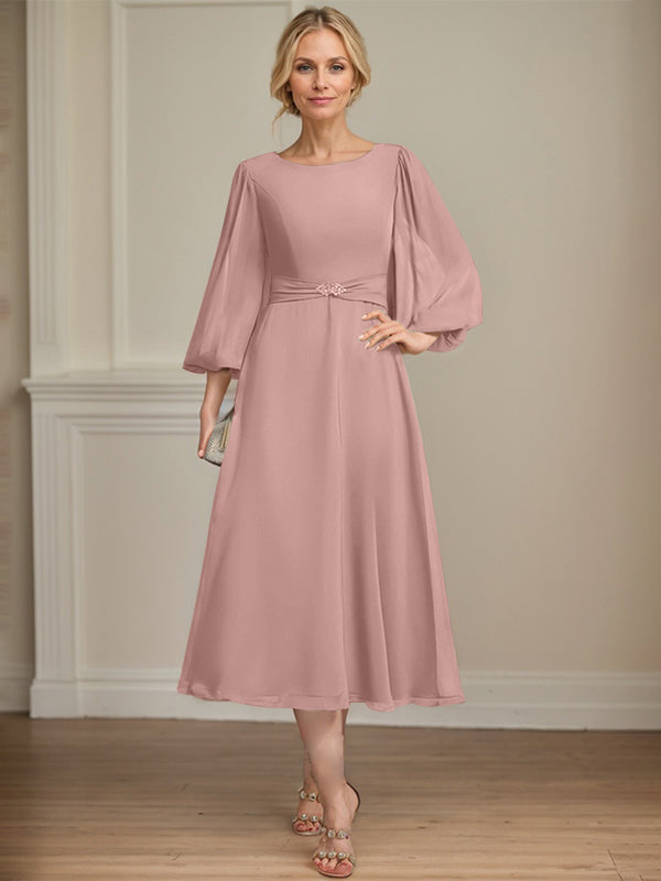 A-line Scoop Tea-Length Chiffon Mother of the Bride Dress With Crystal Brooch Pleated