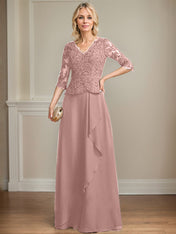 A-line V-Neck Floor-Length Lace Chiffon Mother of the Bride Dress With Cascading Ruffles Sequins