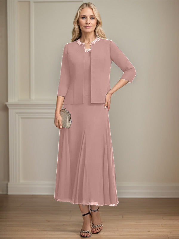Separates A-line Scoop Tea-Length Chiffon Mother of the Bride Dress With Sequins Beading