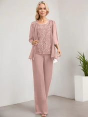 Separates Jumpsuit/Pantsuit Scoop Floor-Length Lace Chiffon Mother of the Bride Dress With Sequins
