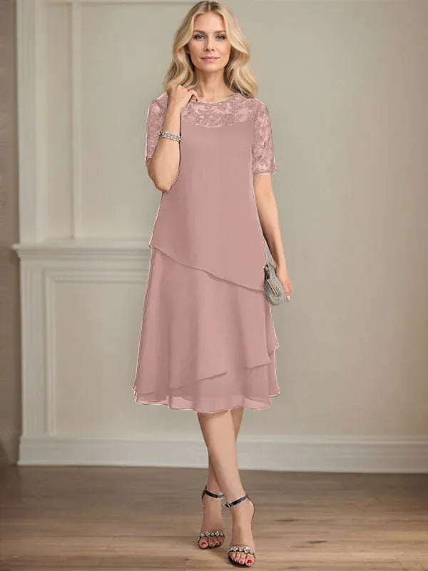 A-line Scoop Illusion Knee-Length Lace Chiffon Mother of the Bride Dress With Sequins