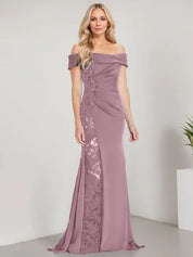 A-Line Off the Shoulder Floor-Length Mother of the Bride Dress Applique Beadings Mermaid Dress With  High Split