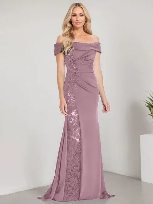 A-Line Off the Shoulder Floor-Length Mother of the Bride Dress Applique Beadings Mermaid Dress With  High Split
