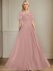 A-line Scoop Illusion Floor-Length Chiffon Lace Mother of the Bride Dress With Sequins Beading