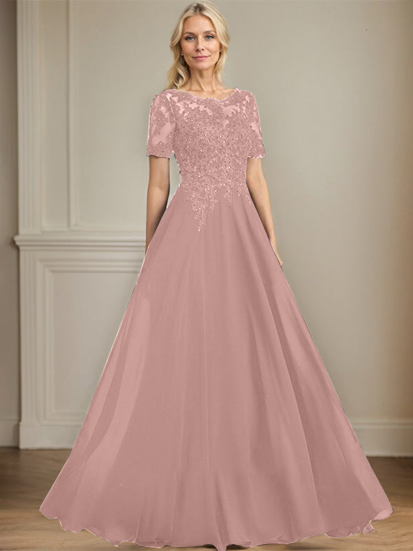 A-line Scoop Illusion Floor-Length Chiffon Lace Mother of the Bride Dress With Sequins Beading
