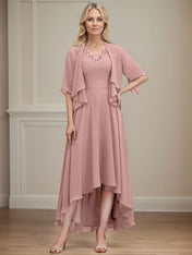A-line V-Neck Asymmetrical Chiffon Mother of the Bride Dress With Beading Sequins