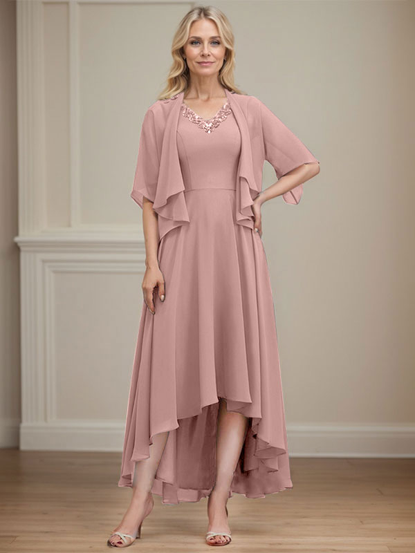 A-line V-Neck Asymmetrical Chiffon Mother of the Bride Dress With Beading Sequins