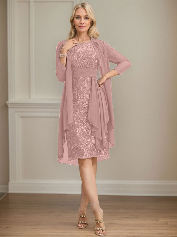 Column Scoop Illusion Knee-Length Lace Chiffon Mother of the Bride Dress With Cascading Ruffles Sequins