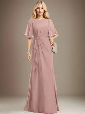 A-line Scoop Floor-Length Chiffon Mother of the Bride Dress With Cascading Ruffles Beading Sequins