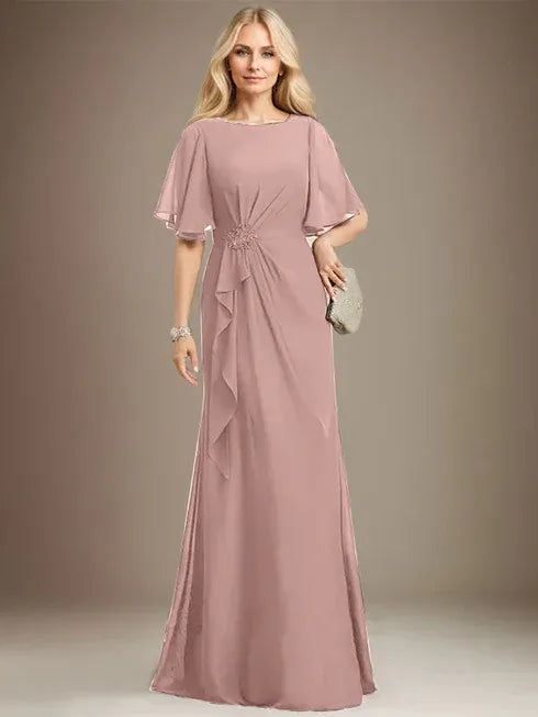 A-line Scoop Floor-Length Chiffon Mother of the Bride Dress With Cascading Ruffles Beading Sequins