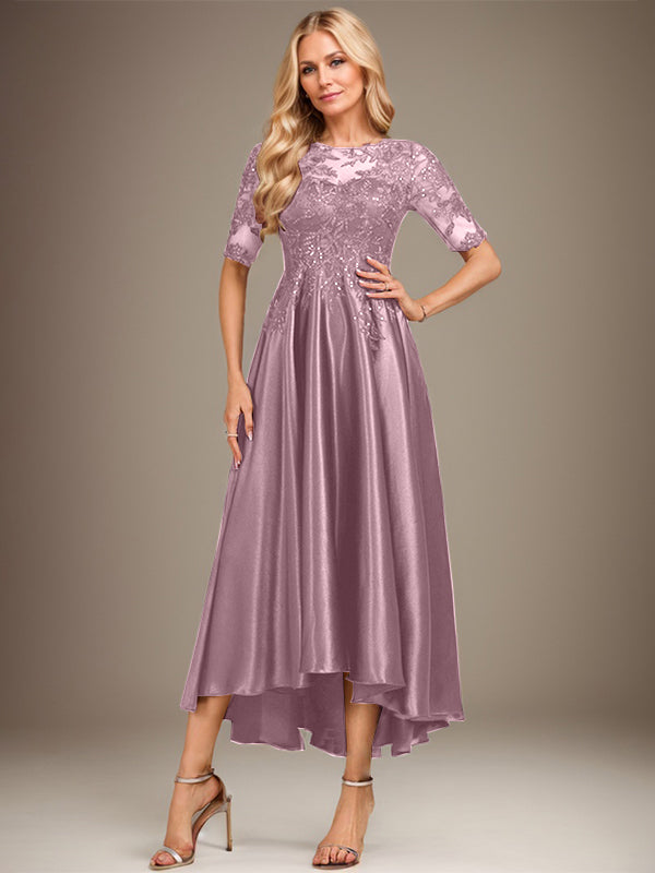 A-line Scoop Illusion Asymmetrical Stretch Satin Lace Mother of the Bride Dress With Sequins