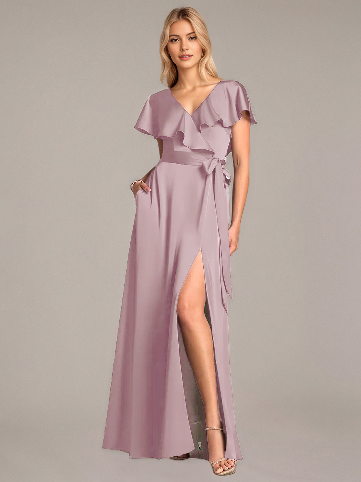 A Line Satin V Neck Short Sleeves Floor Length Dresses With Ruffles