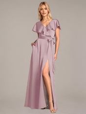 A Line Satin V Neck Short Sleeves Floor Length Dresses With Ruffles