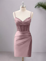 Spaghetti Straps Bodycon Corset Satin Homecoming Dress with Slit