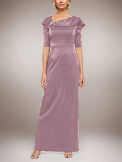 Long Shimmer Column Dress with Foldover Cuff L-Neckline and Elbow Sleeves