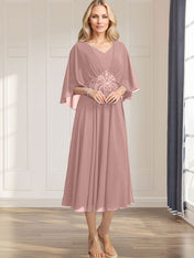 A-line V-Neck Tea-Length Chiffon Mother of the Bride Dress With Pleated Sequins Appliques Lace Beadind