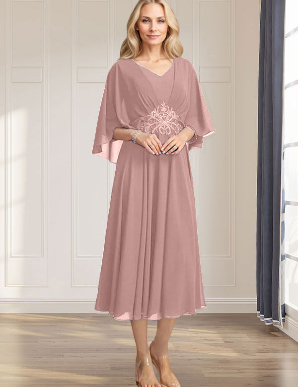A-line V-Neck Tea-Length Chiffon Mother of the Bride Dress With Pleated Sequins Appliques Lace Beadind