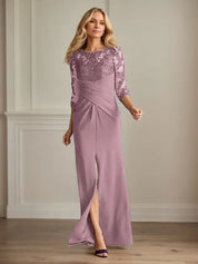 Robe fourreau en crêpe extensible prune pour mère de la mariée 