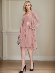 Sheath/Column Sweetheart Knee-Length Chiffon Mother of the Bride Dress With Beading Appliques Lace Sequins Pleated