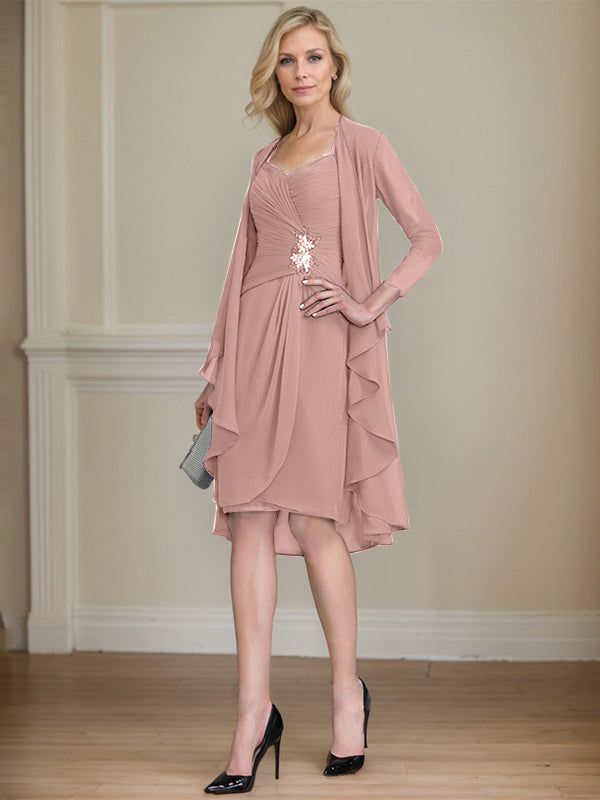 Column Sweetheart Knee-Length Chiffon Mother of the Bride Dress With Beading Appliques Lace Sequins Pleated