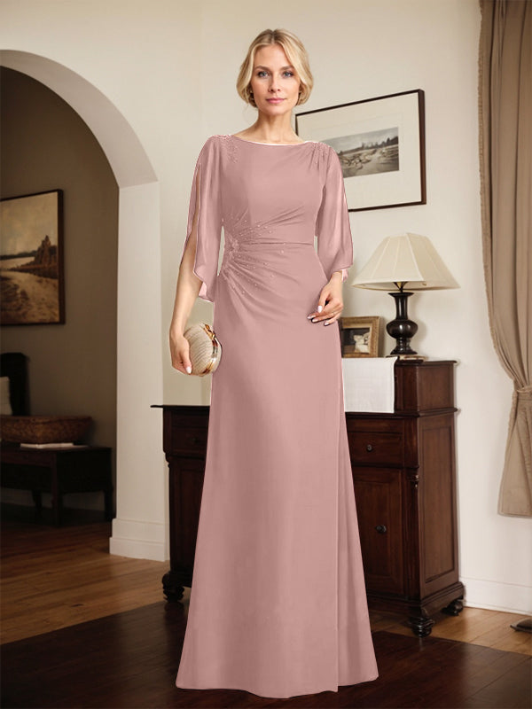 Column Scoop Floor-Length Chiffon Mother of the Bride Dress With Pleated Beading