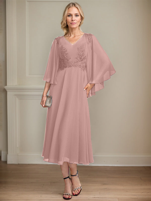 A-line V-Neck Tea-Length Chiffon Lace Mother of the Bride Dress With Beading Sequins