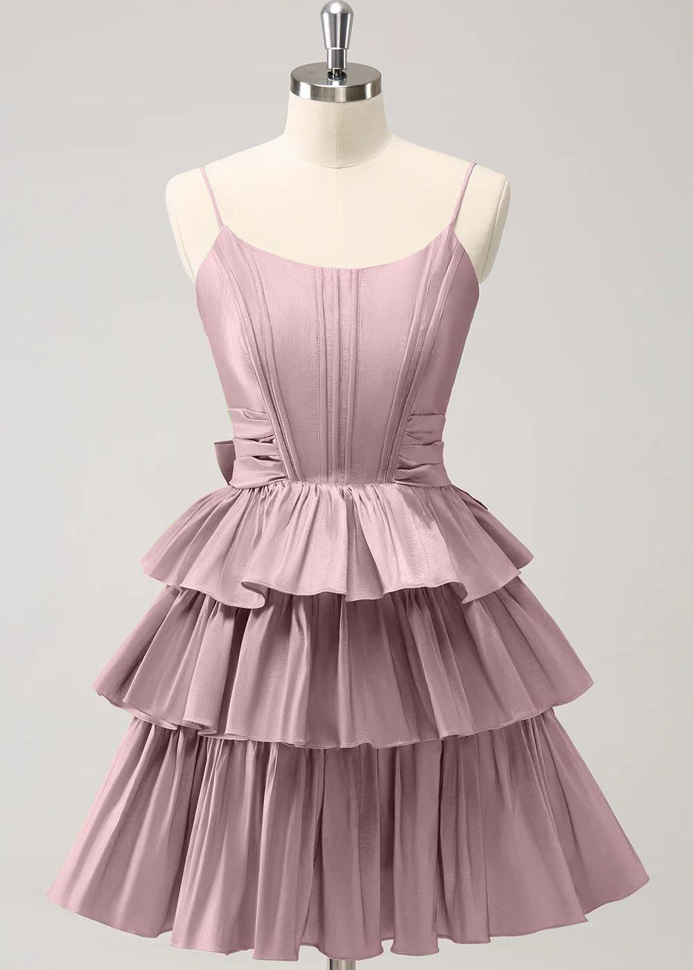 Hot Pink A Line Spaghetti Straps Corset Tiered Ruffle Homecoming Dress with Bow