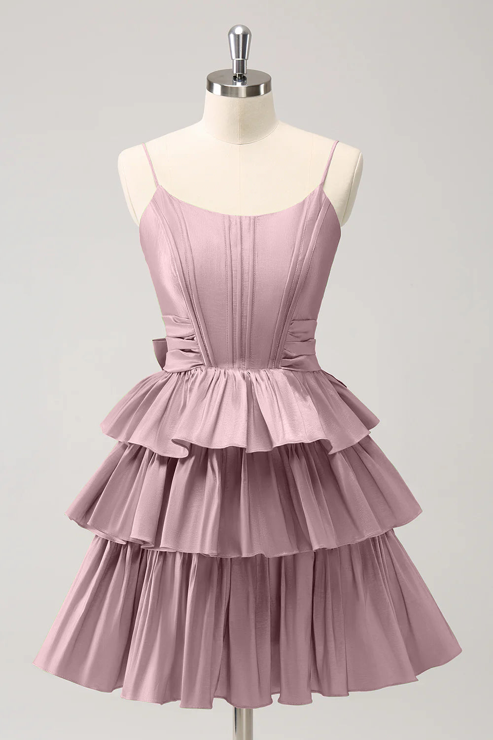 Hot Pink A Line Spaghetti Straps Corset Tiered Ruffle Homecoming Dress with Bow