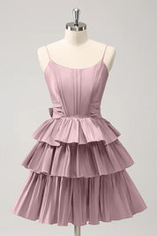 Hot Pink A Line Spaghetti Straps Corset Tiered Ruffle Homecoming Dress with Bow