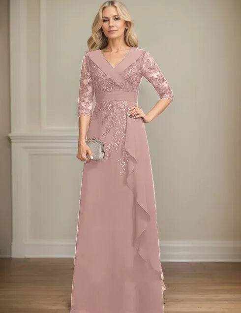 Robe de mère de la mariée trapèze, col en V, longueur au sol, en mousseline de soie et dentelle, avec volants en cascade et paillettes 