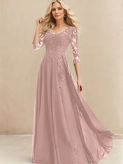A-line V-Neck Floor-Length Lace Chiffon Mother of the Bride Dress With Sequins
