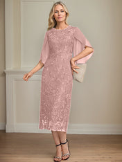 Sheath/Column Scoop Tea-Length Lace Chiffon Mother of the Bride Dress