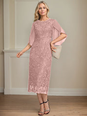 Sheath/Column Scoop Tea-Length Lace Chiffon Mother of the Bride Dress