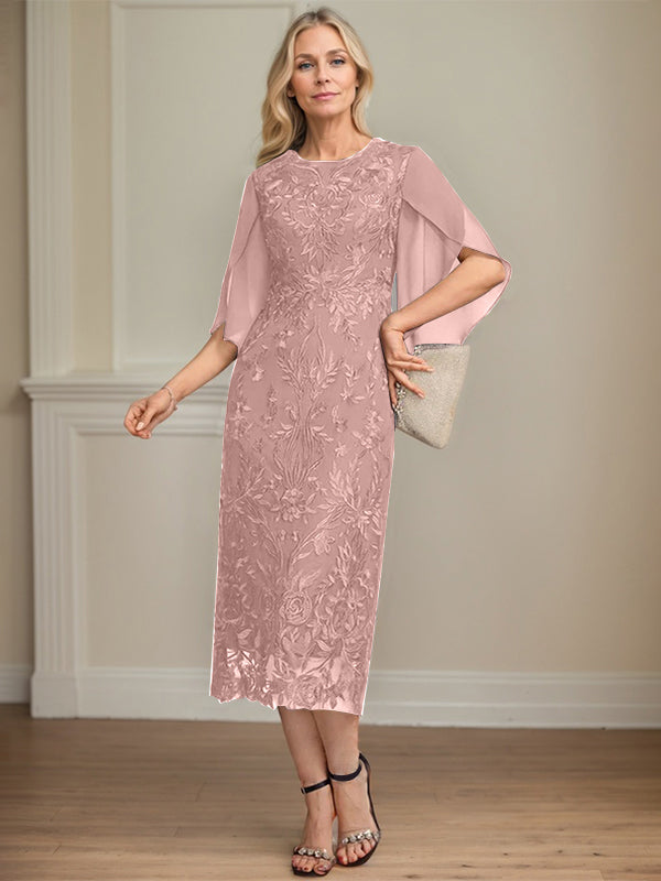 Column Scoop Tea-Length Lace Chiffon Mother of the Bride Dress