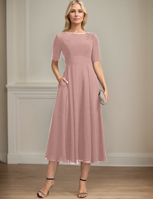 A-line Scoop Tea-Length Chiffon Mother of the Bride Dress With Appliques Lace Sequins