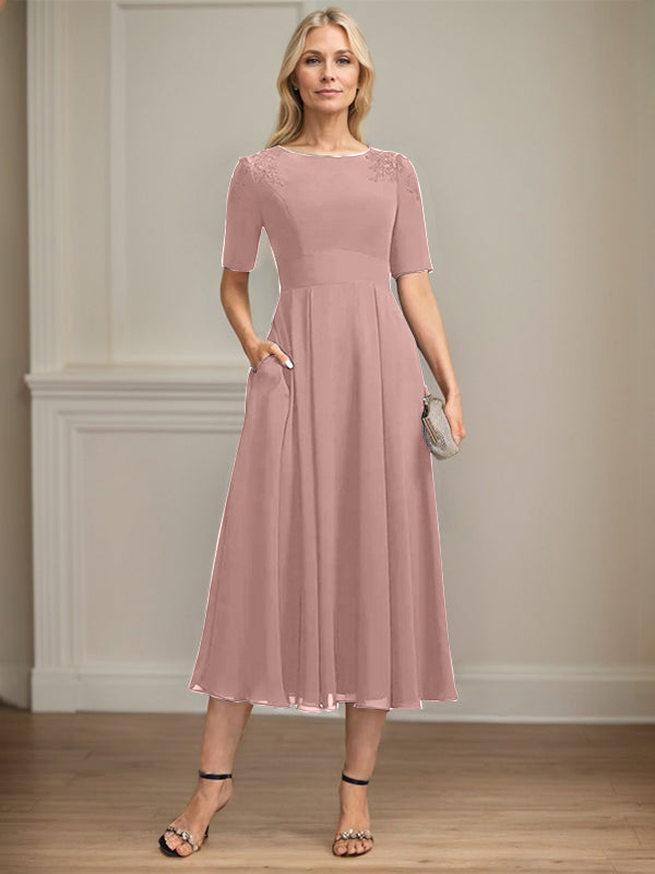 A-line Scoop Tea-Length Chiffon Mother of the Bride Dress With Appliques Lace Sequins