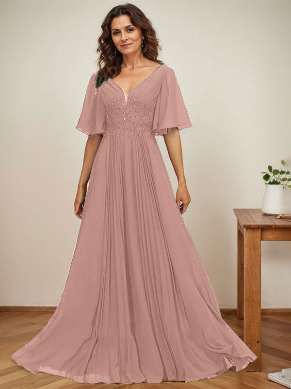 A-line V-Neck Floor-Length Chiffon Mother of the Bride Dress With Sequins Appliques Lace Pleated