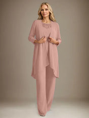 Chiffon Scoop Long Sleeves Mother Of The Bride Pantsuits With Jacket