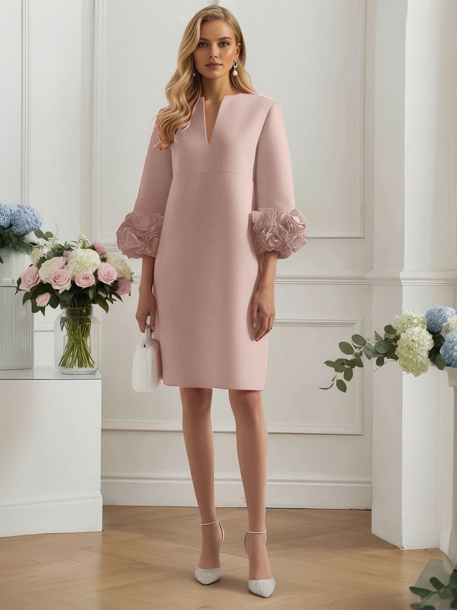 3D Floral Classic Notched Long Sleeve A-Line Midi Dress