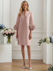 3D Floral Classic Notched Long Sleeve A-Line Midi Dress