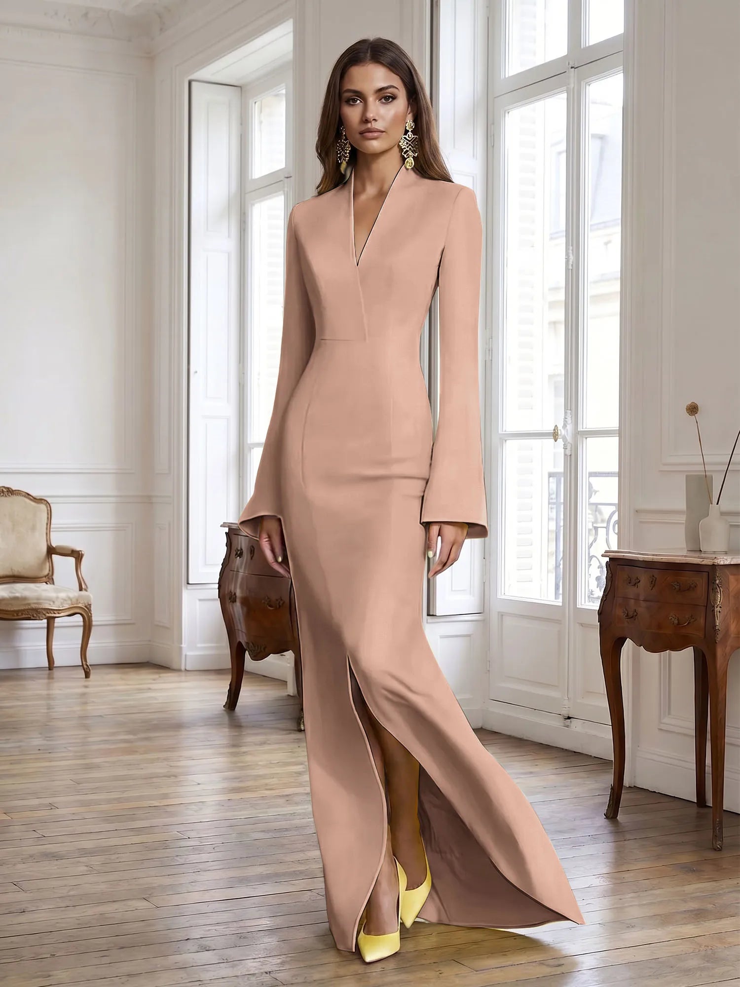 Yellow Long Bell Sleeve Mermaid Evening Gown with Asymmetric V-Neck Formal Dresses